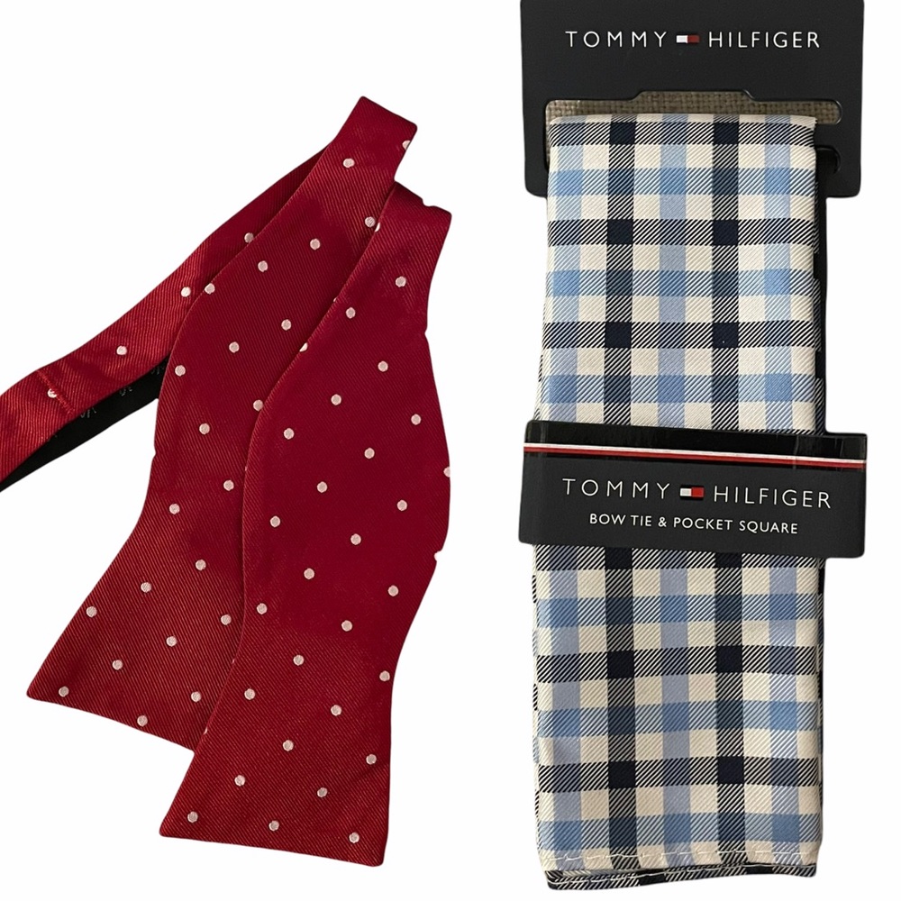 Tommy Hilfiger Silk Bow Tie and Cotton Pocket Square Polkadot Plaid Preppy Wed